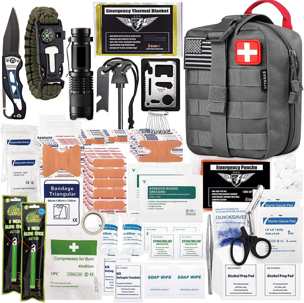 [B0F1CYRP5L] EVERLIT 250 Pieces Survival First Aid Kit IFAK EMT Molle Pouch Survival Kit Outdoor Gear Emergency Kits Trauma Bag for Camping Boat Hunting Hiking Home Car Earthquake and Adventures (Wolf Grey)