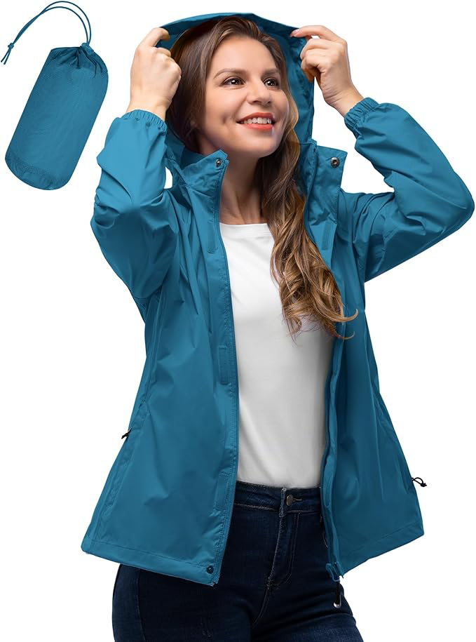 33,000ft Women's Rain Jacket Waterproof Lightweight Packable Raincoat with Hood for Golf Hiking Travel Windbreaker - Medium - Light Blue