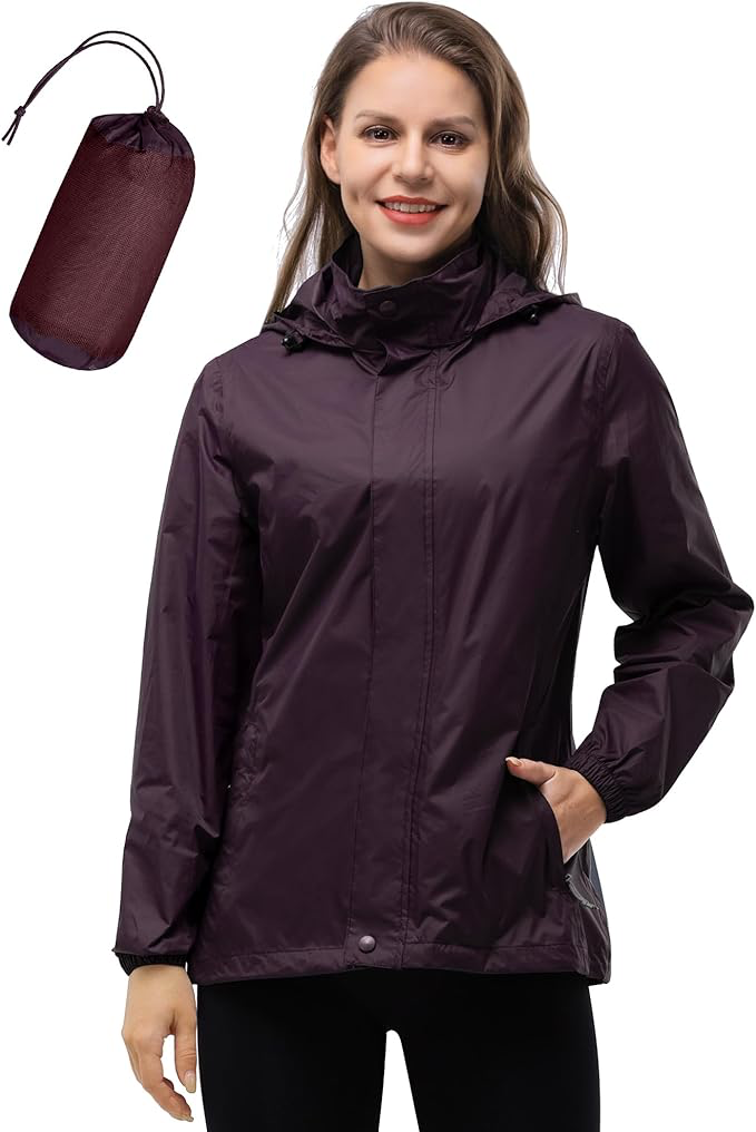 [B0C5HT8LX6] 33,000ft Women's Rain Jacket Waterproof Lightweight Packable Raincoat with Hood for Golf Hiking Travel Windbreaker - Dark Red - Medium
