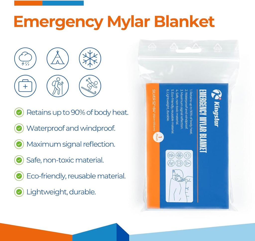 Emergency Blankets (84" L x 52" W) Mylar Thermal Blankets for Survival and Protection,Space Blanket Survival Kits Camping Blanket, Ideal for Outdoors, Hiking, Survival, Marathons