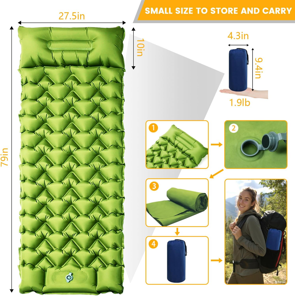 [B0DWX5L4TY] Camping Sleeping Pad, 4in Thick Ultralight Inflatable Camping Mat with Pillow, Built-in Foot Pump Sleeping Mat, Wide Compact Camping Pad for Travel Tent Hiking Backpacking Trip Car Camp Gear