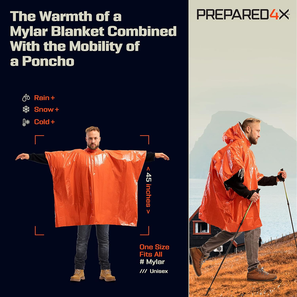 [B0BKH78961] PREPARED4X Emergency Poncho and Mylar Blanket Liner - Waterproof, Wind-Resistant Outdoor Rain Poncho for Camping, Emergencies
