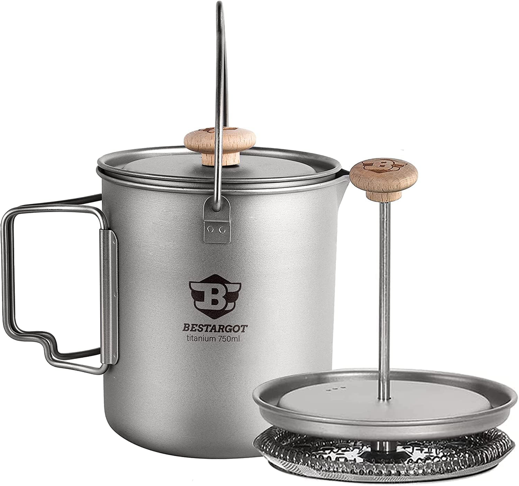 [B0822FPSFT] Bestargot Titanium Pot 750ml, Portable French Press | Ultralight Camping Pot for Coffee, Cooking & Survival | Compatible with Camp Stoves