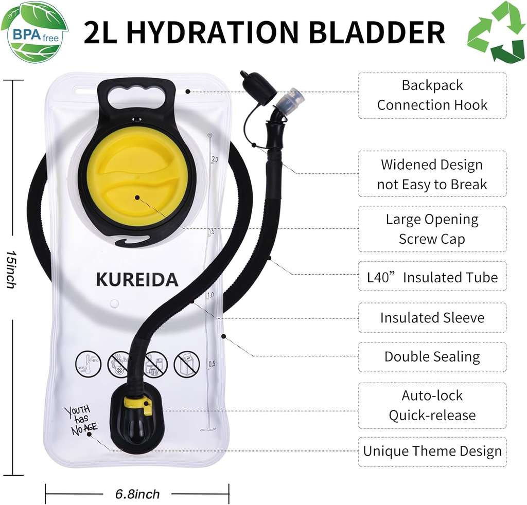 [B08T8D2C8V] KUREIDA Hydration Bladder 2 Liter, BPA Free Water Bladder for Hiking Backpack Water Storage Bag with Insulated Tube, Hydration Backpack Replacement for Outdoor Camping Running Hiking