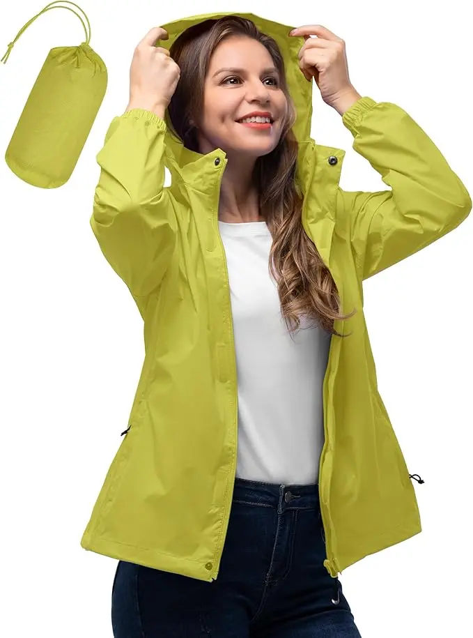 [B0CC8Z9T6R] 33,000ft Women's Rain Jacket Waterproof Lightweight Packable Raincoat with Hood for Golf Hiking Travel Windbreaker (Lemon Green, M) 