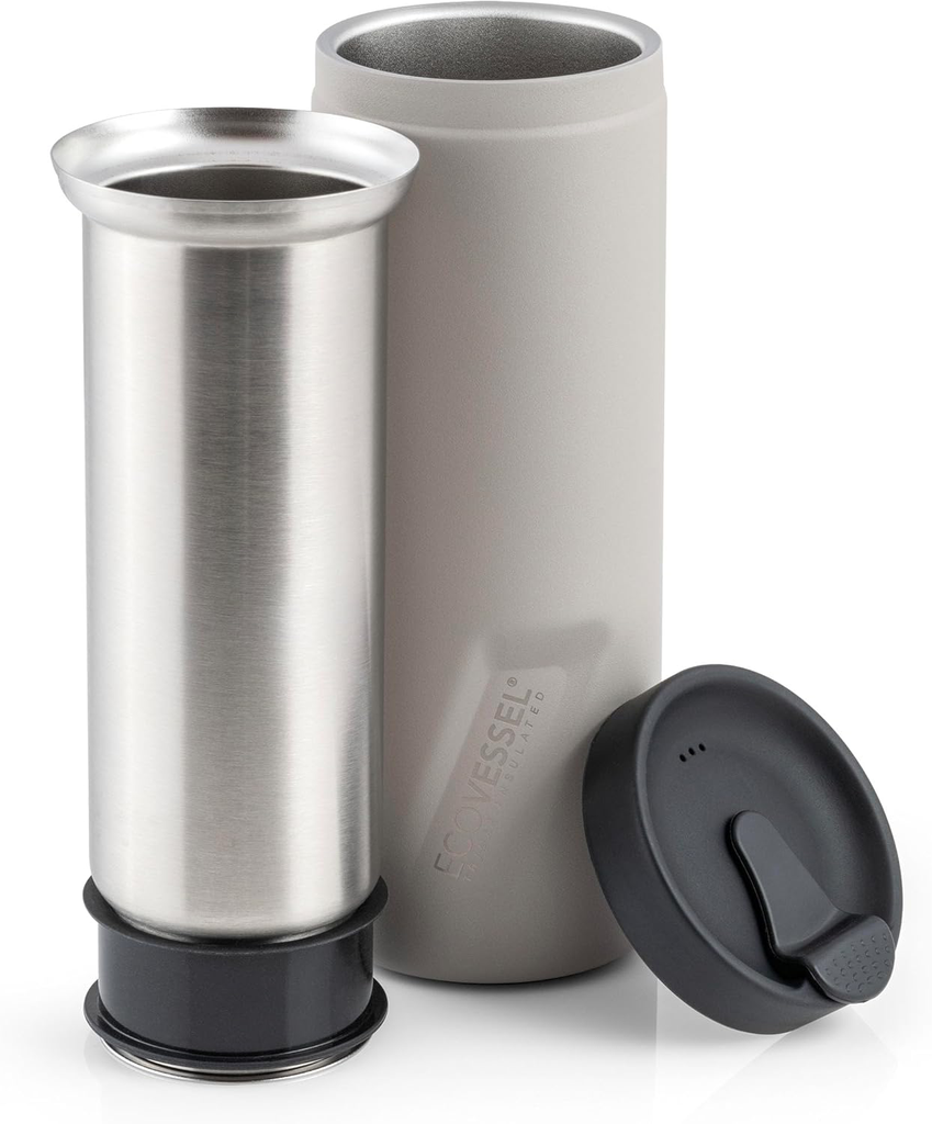 [B0DSCRJ2R4] EcoVessel Travel French Press, Portable Coffee Maker, Stainless Steel Insulated Coffee Press, Reusable Single Serve Bottle for On-The-Go Use, 14oz (Stone)