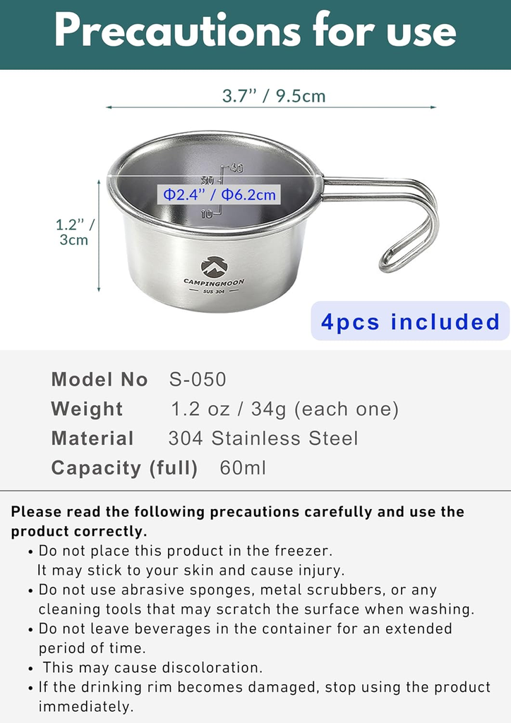 [B0CZR18BVR] [4-Pack] Mini 304 Stainless Steel Sierra Cups – 60ml Small Camping Cups for Sauce, Espresso, Tasting & Outdoor Cooking – Lightweight, Stackable, Rust-Resistant – Ideal for Hiking, Camping & Picnics
