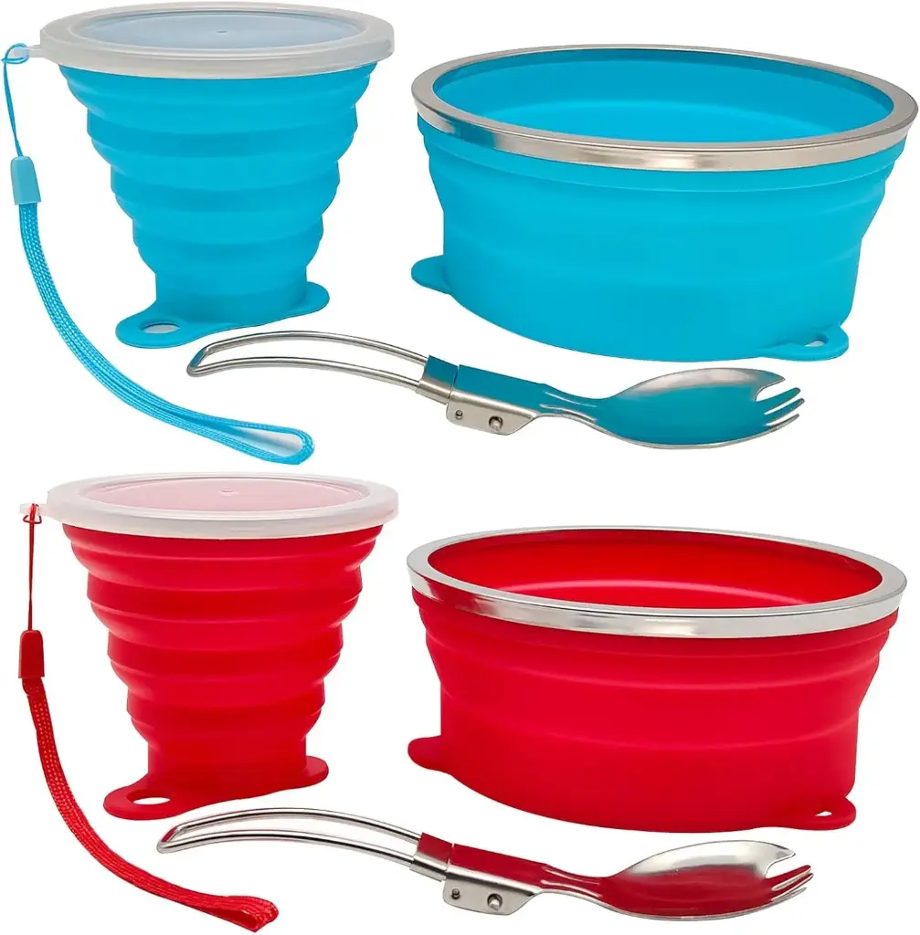[B0F4C4VFBC] Cagelya Mess Kit for Camping Silicone Collapsible Bowl Collapsible Cup and Stainless Steel Spoon for Backpacking Outdoor Hiking Traveling and Picnic - Blue/Red 