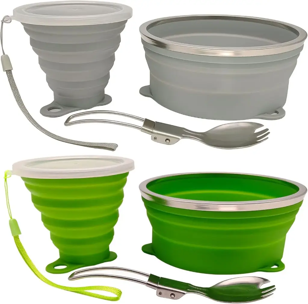 [B0FJ2BNXR3] Mess Kit for Camping Silicone Collapsible Bowl Collapsible Cup and Stainless Steel Spoon for Backpacking Outdoor Hiking Traveling and Picnic Grey/Grass green