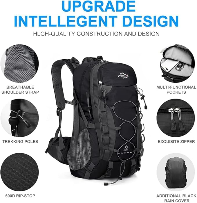 [B0DF2RS4RW] INOXTO lightweight Hiking Backpack 35L/40L Hiking Daypack with Waterproof Rain Cover Camping Backpack for Travel Camping Outdoor for Men and Women (35L Black)