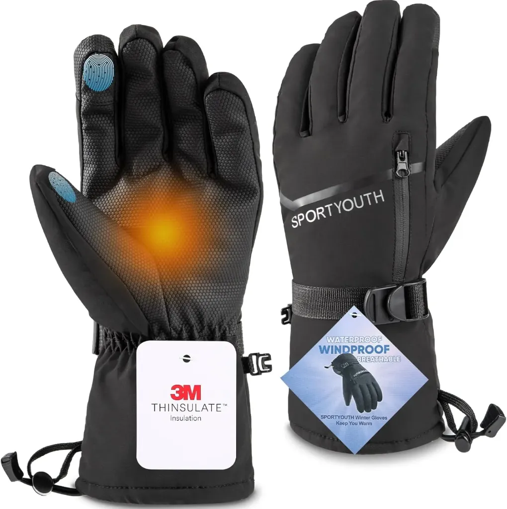 SPORTYOUTH Winter Ski Gloves Men Women, 3M Thinsulate Cold Weather Waterproof Windproof Thermal Snow Warm Glove with Touchscreen Zipper for Outdoor Running Driving Cycling Hiking Work, M