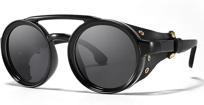 [B0DK6SLHPT] Retro Aviator Steampunk Polarized Sunglasses with Leather Side Shield Vintage Goggles Gothic Eyewear for Men Women