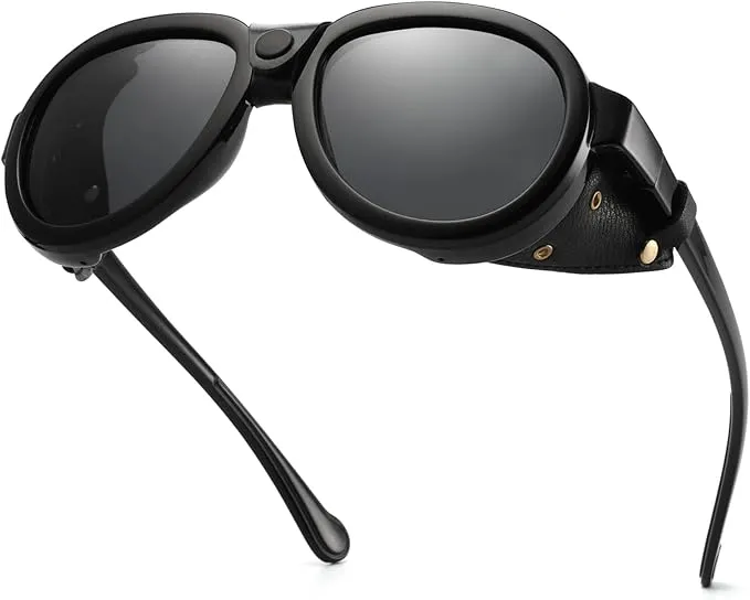 [B0BVFBXVKS] Retro Aviator Steampunk Polarized Sunglasses with Leather Side Shield Vintage Goggles Gothic Eyewear for Men Women