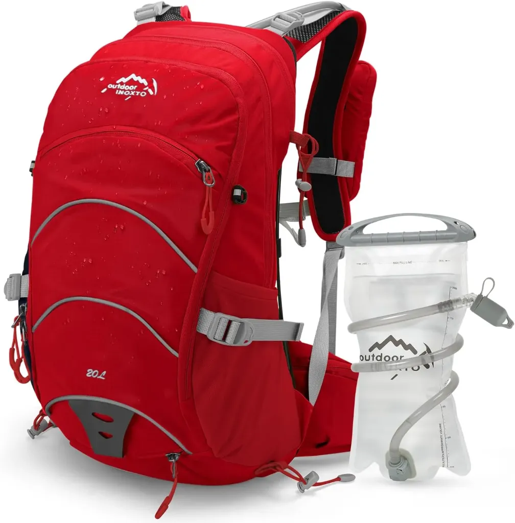 [B0D59Q4FP3] IX INOXTO 20L Hydration Backpack, Waterproof Hiking Internal Frame Backpacks with 2L Hydration Water Bladder and Rain Cover for Men, Lightweight Travel Daypack for Cycling,Camping,Ski (red)
