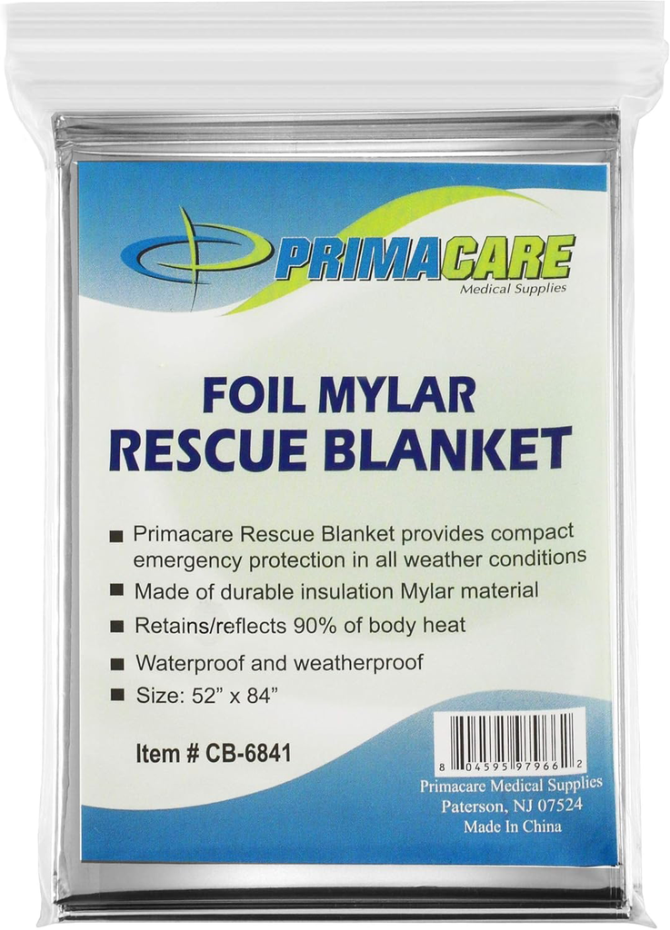[B00DZ1NFSK] Primacare HB-10 Emergency Mylar Thermal Blankets, 84" x 52", Silver – Reflective, Waterproof, Retains 90% Body Heat – for Survival, First Aid, Outdoors, Camping, EMS