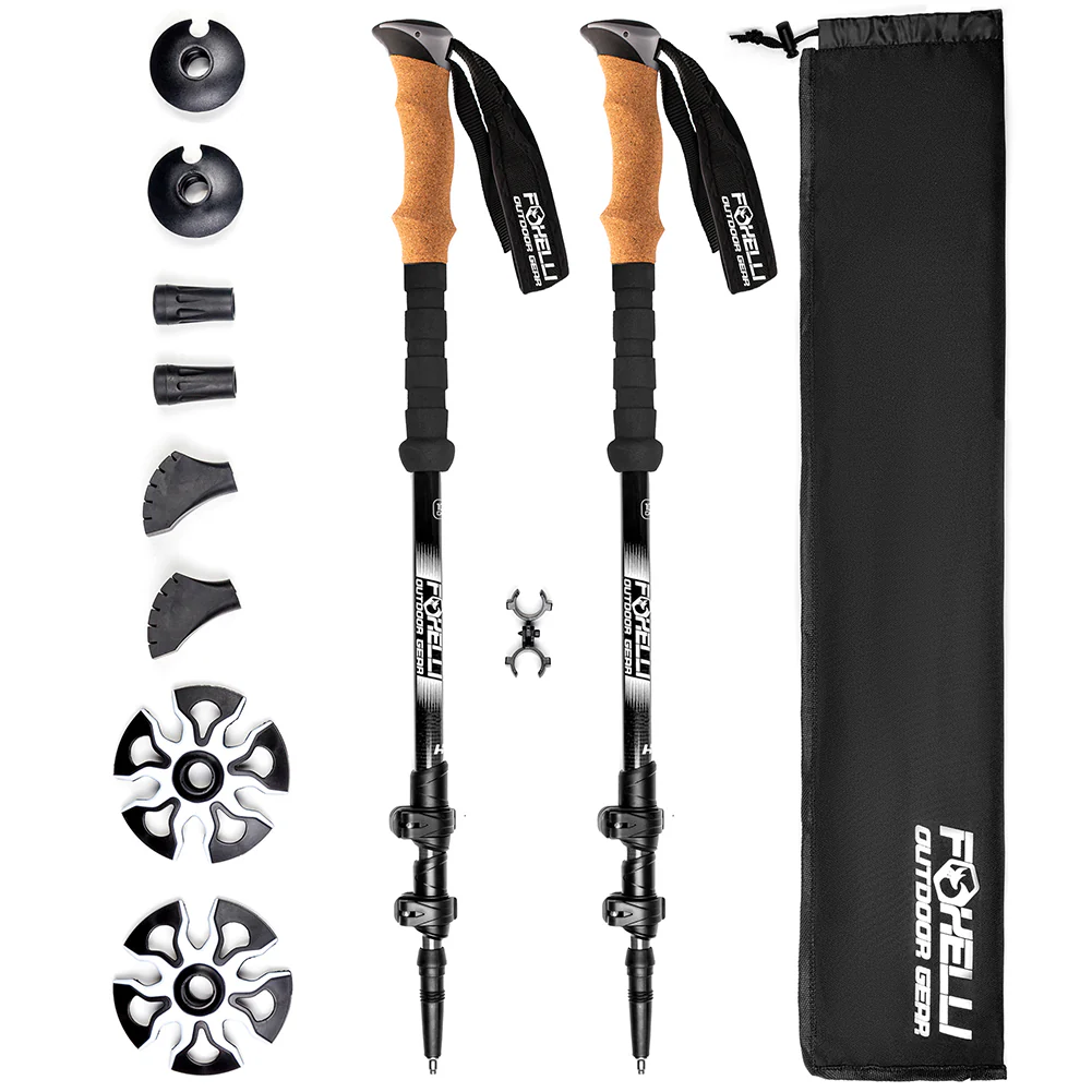 [B01IC7XZ68] Foxelli Carbon Fiber Trekking Poles - Lightweight Collapsible & Shock-Absorbent Hiking Poles w/Cork Grips, Lever Locks & All Terrain Accessories