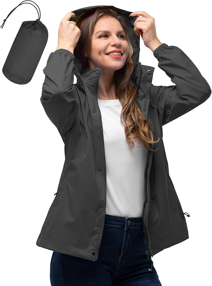 [B0C2HCSSCP] 33,000ft Women's Rain Jacket Waterproof Lightweight Packable Raincoat with Hood for Golf Hiking Travel Windbreaker - Large - Mid Grey